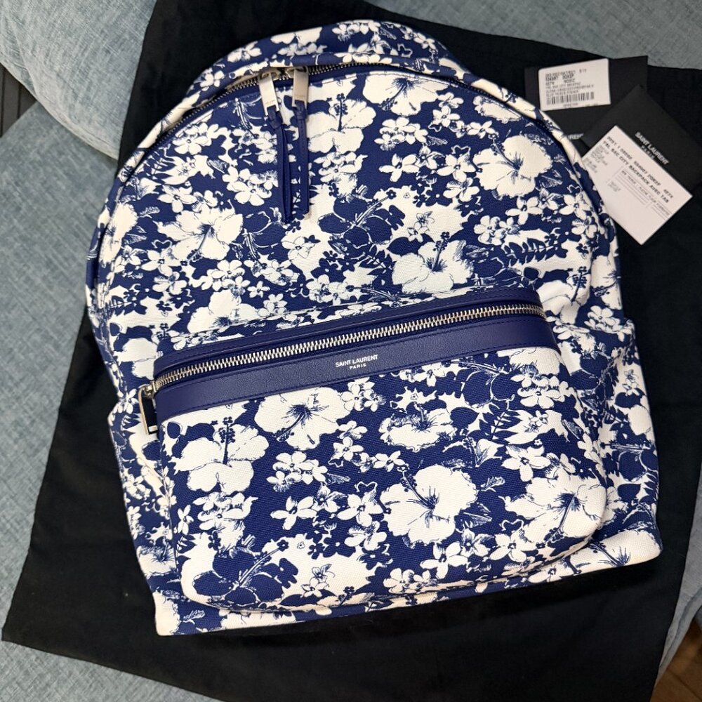 Saint Laurent Blue & White Hibiscus Toile Print City Backpack